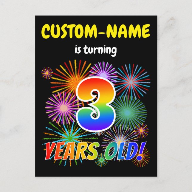 3rd Birthday - Fun Fireworks, Rainbow Look "3" Postcard (Front)