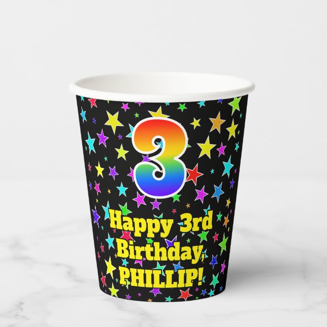 3rd Birthday: Fun Stars Pattern and Rainbow 3 Paper Cups (Front)