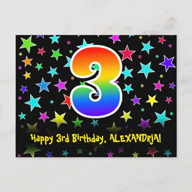3rd Birthday: Fun Stars Pattern, Rainbow 3, Name Postcard (Front)