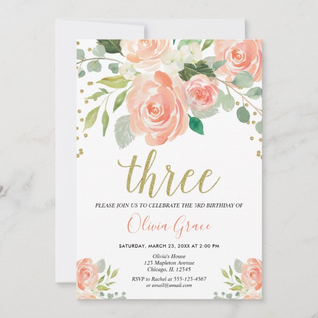3rd birthday girl peach coral floral girl invitation (Front)