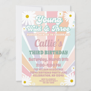 3rd Birthday Girl Retro Hippy Sun Daisy Invitation