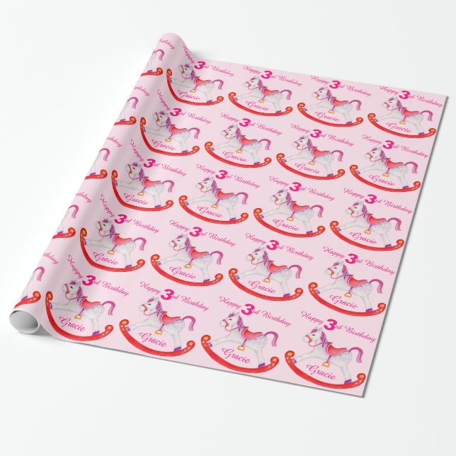 3rd birthday girls rocking horse art gift wrap (Unrolled)