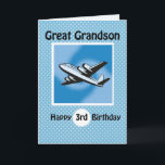 3rd Birthday, Great Grandson, Airplane on Blue Card<br><div class="desc">Airplanes are a great theme for boys of this age. This plane is flying high as you wish your Great Grandson a happy 3rd birthday. Blue background with white polka dots add a feeling of celebration and fun for a third birthday.</div>