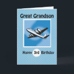 3rd Birthday, Great Grandson, Airplane on Blue Card<br><div class="desc">Airplanes are a great theme for boys of this age. This plane is flying high as you wish your Great Grandson a happy 3rd birthday. Blue background with white polka dots add a feeling of celebration and fun for a third birthday.</div>