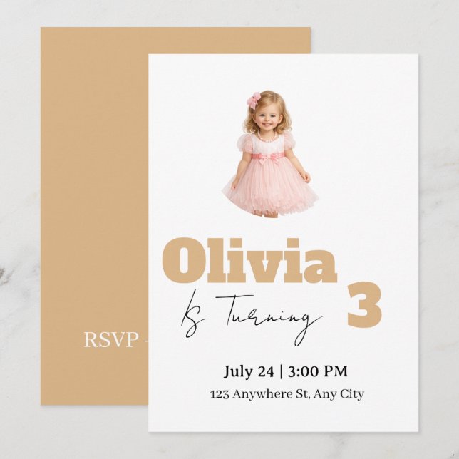 3rd Birthday Invitation for Girl (Front/Back)