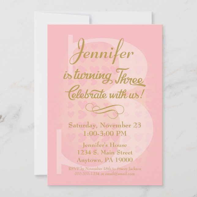 3rd Birthday Invitation Girls Pink Gold Hearts (Front)