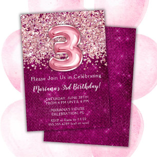 3rd Birthday Invitation Girly Magenta Pink Glitter