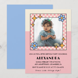 3rd birthday invitation Retro Groovy Pink Flowers