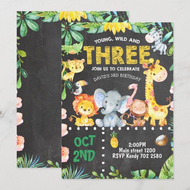 3rd Birthday Invitation Safari Animals Jungle ZOO (Front/Back)