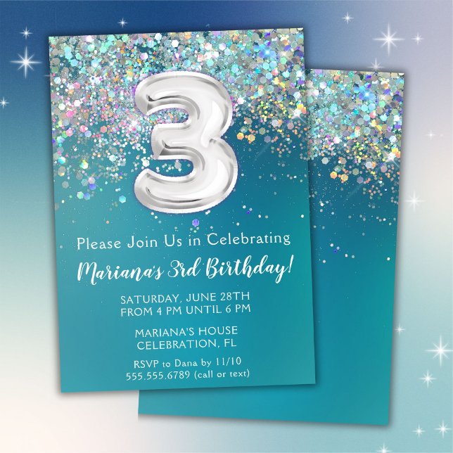 3rd Birthday Invitation Teal Silver Glitter (Creator Uploaded)