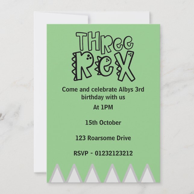 3rd birthday invitation - threerex dinosaur invite (Front)