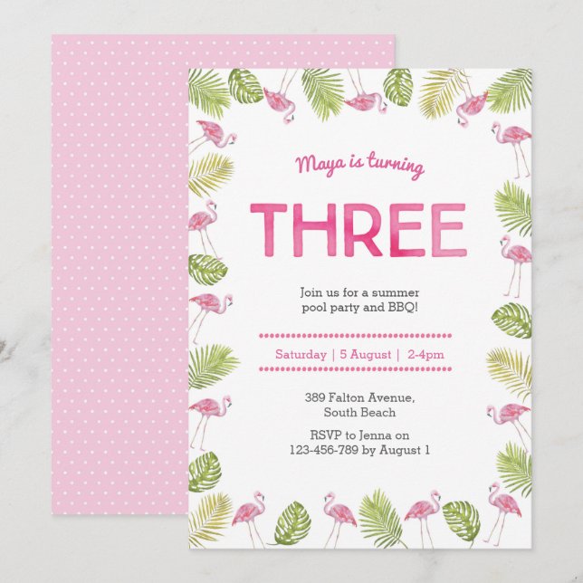 3rd Birthday Invitation | tropical flamingo (Front/Back)