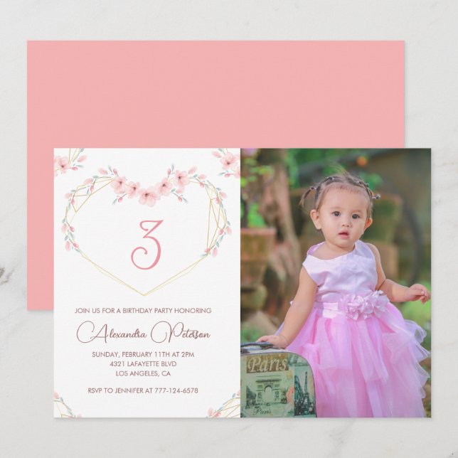 3rd birthday invitations Boho Floral Photo (Front/Back)