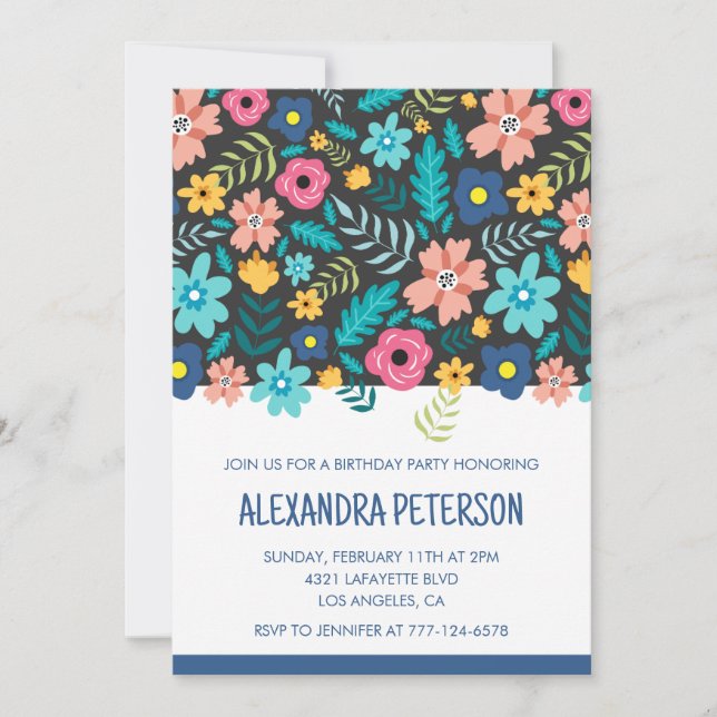 3rd birthday invitations Floral Pattern Blue (Front)