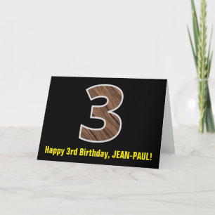 3rd Birthday: Name + Faux Wood Grain Pattern "3" Card