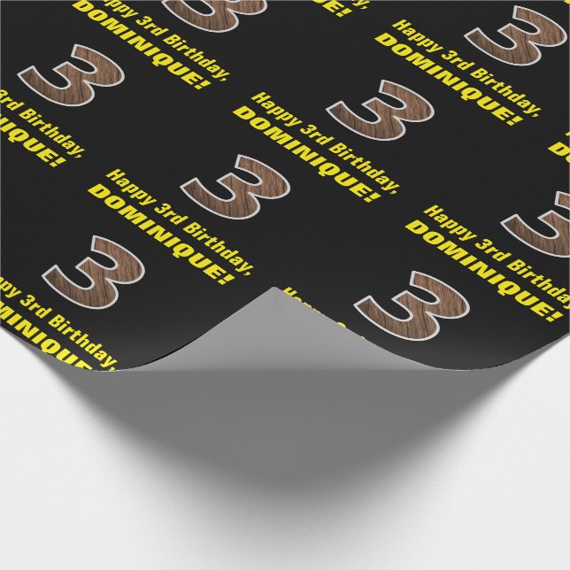 3rd Birthday: Name & Faux Wood Grain Pattern "3" Wrapping Paper (Corner)