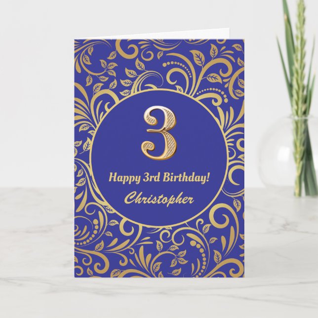 3rd Birthday Navy Blue and Gold Floral Pattern Card (Front)