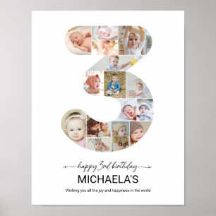 3rd Birthday Number 3 Photo Collage Custom Picture Poster