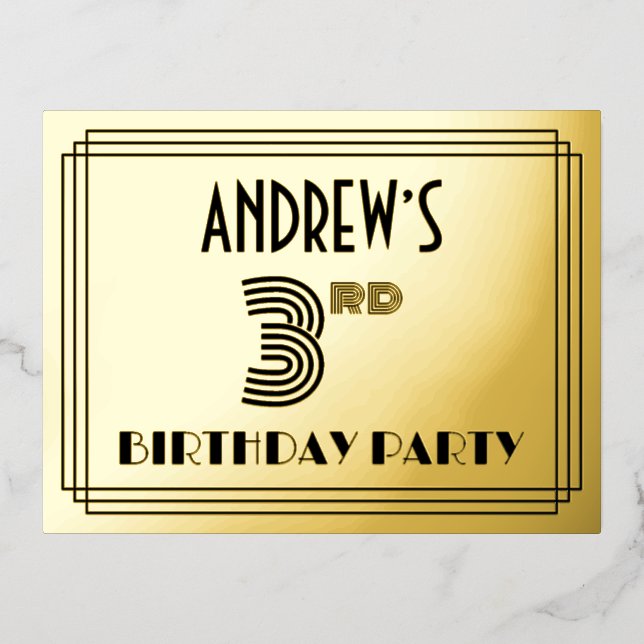 3rd Birthday Party ~ Art Deco Style “3” + Name Foil Invitation Postcard (Front)