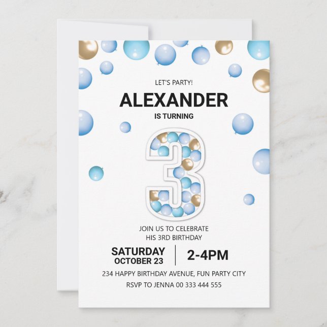 3rd Birthday Party, Blue and Gold Balloon Boy Invitation (Front)