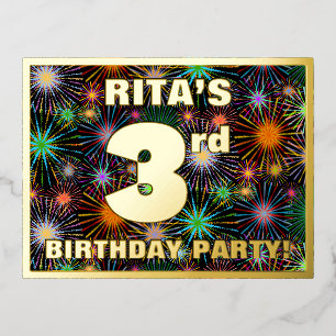 3rd Birthday Party: Bold, Colourful Fireworks Look Foil Invitation Postcard