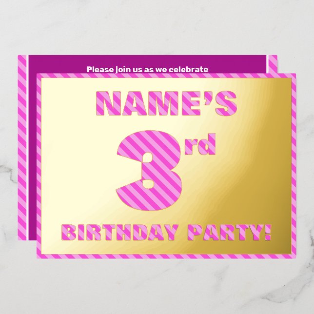 3rd Birthday Party — Bold, Fun, Pink Stripes # 3 (Front/Back)