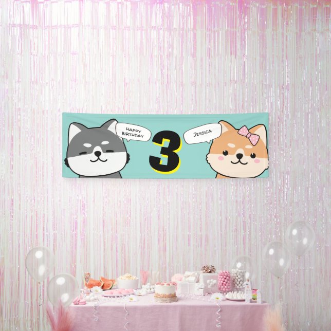 3rd Birthday Party Customizable Shiba Inu Puppies Banner (Party)