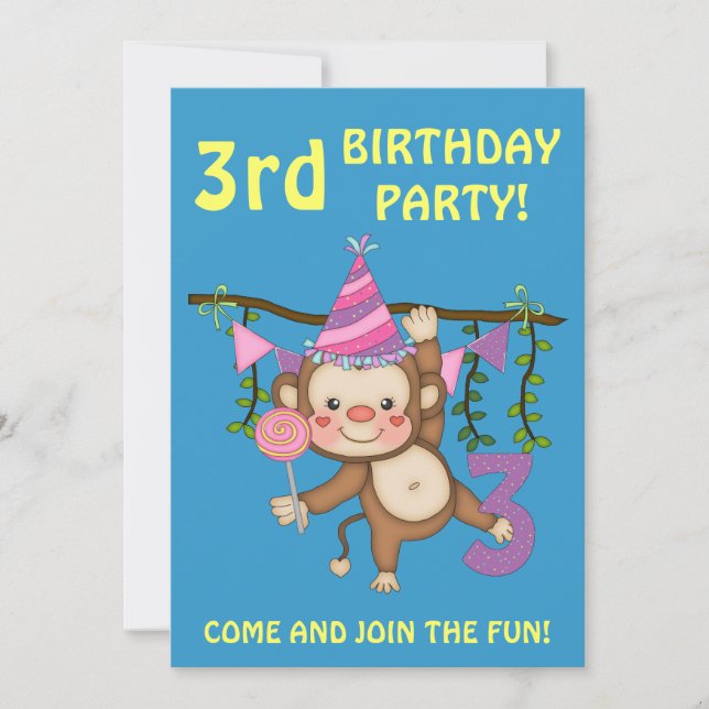 3rd Birthday Party-Cute Monkey+Colourful Balloons Invitation (Front)