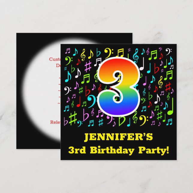 3rd Birthday Party: Fun Music Symbols, Rainbow 3 Invitation (Front/Back)