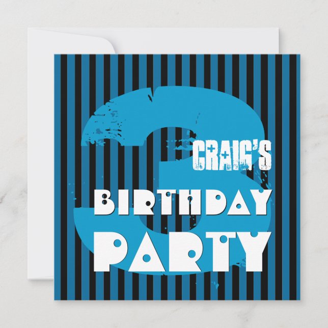 3rd Birthday Party Grunge and Stripes Z03P Invitation (Front)