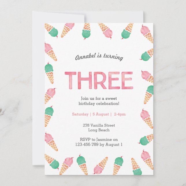 3rd Birthday Party | ice cream invitation (Front)