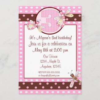 3rd birthday party pink dot dragonfly girls invite