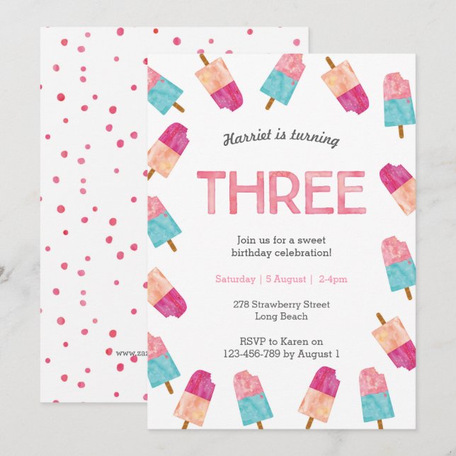 3rd Birthday Party | Popsicle Ice cream invitation (Front/Back)