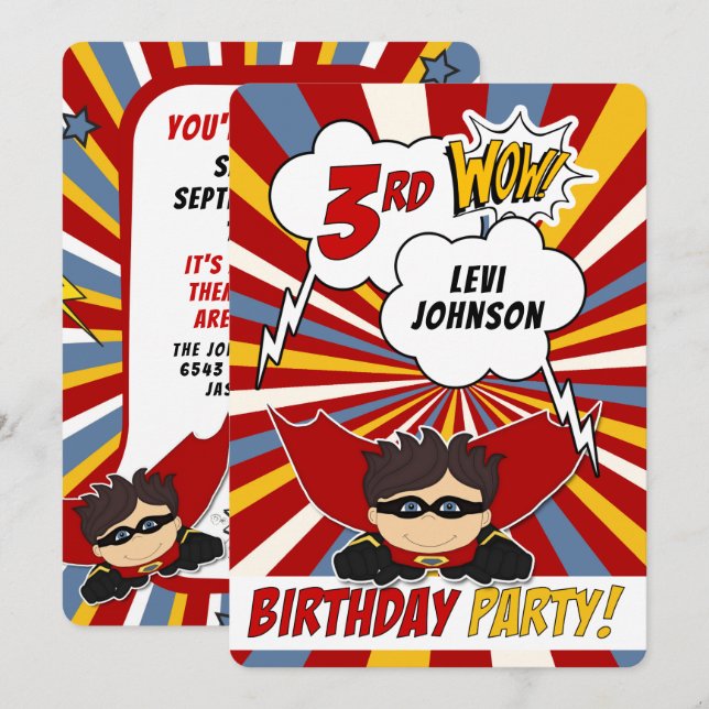 3rd Birthday Party Superhero Red Comic for Boys Invitation (Front/Back)