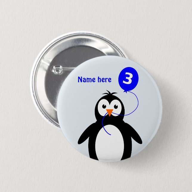 3rd birthday penguin add name blue 2 inch round button (Front & Back)