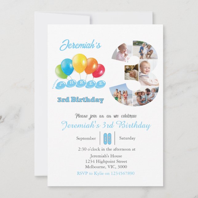 3rd birthday photo collage number 3 Boy Invitation (Front)