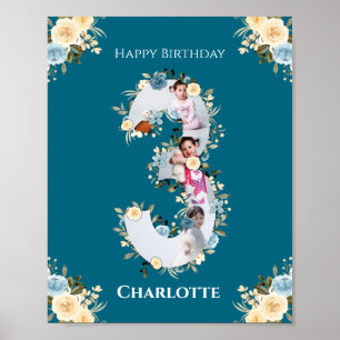 3rd Birthday Photo Teal Collage Blue Yellow Flower Poster