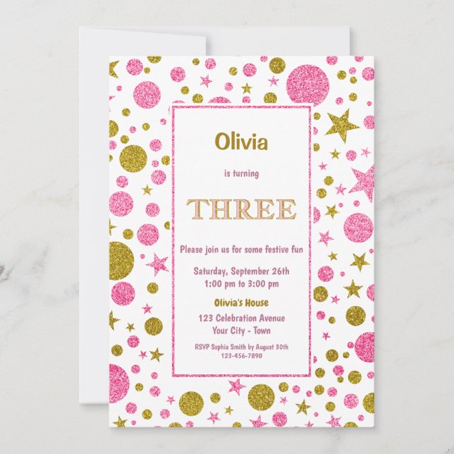 3rd Birthday Pink and Gold Glitter Invitation (Front)