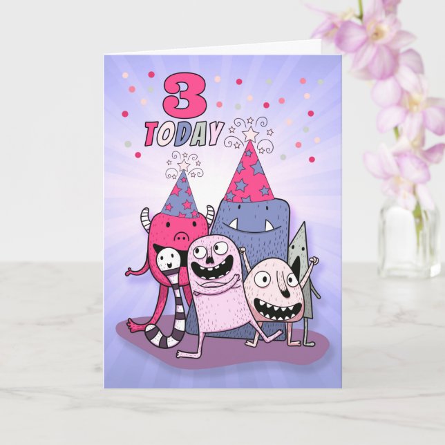 3rd Birthday Pink and Purple Cartoon Monsters Card (Orchid)