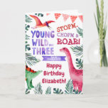 3rd Birthday Pink Dinosaur For Granddaughter Card<br><div class="desc">watercolor painted "young wild and three",  dinosaurs -for my granddaughter personalized name birthday card</div>