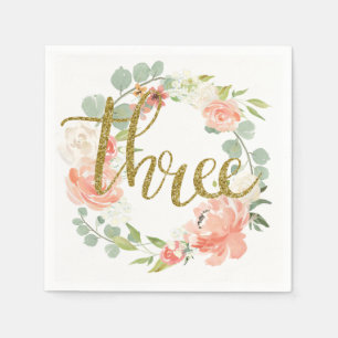 3rd Birthday Pink Gold Floral Wreath Napkin