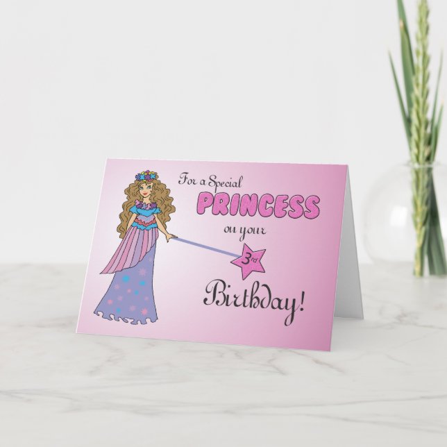 3rd Birthday Pink Princess w/ Sparkly-Look Wand Card (Front)