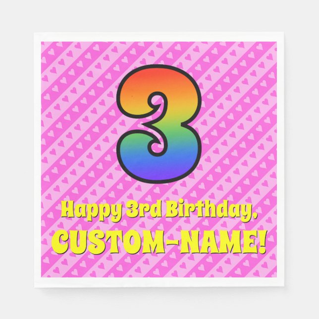 3rd Birthday: Pink Stripes & Hearts, Rainbow # 3 Napkin (Front)