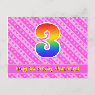 3rd Birthday: Pink Stripes & Hearts, Rainbow 3 Postcard