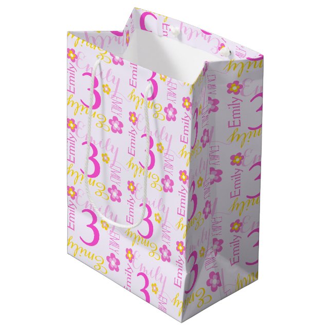 3rd Birthday pink yellow custom name gift bag (Front Angled)