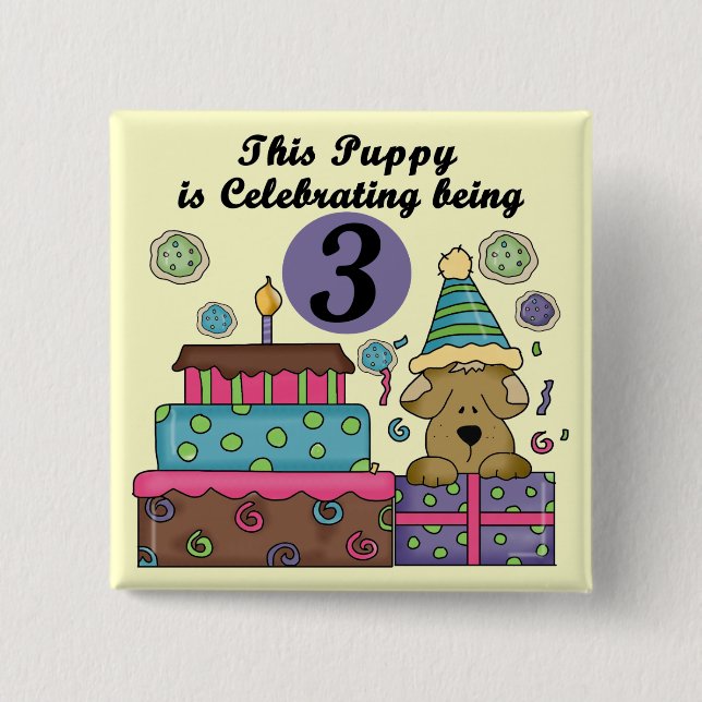 3rd Birthday Puppy T-shirts and Gifts 2 Inch Square Button (Front)