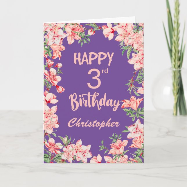 3rd Birthday Purple Pink Peach Watercolor Floral Card (Front)