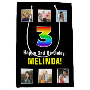 3rd Birthday: Rainbow “3“, Custom Photos & Name Medium Gift Bag