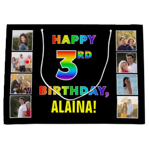 3rd Birthday: Rainbow Text, Custom Photos & Name Large Gift Bag