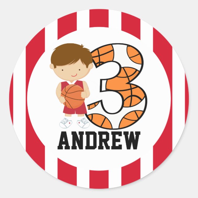 3rd Birthday Red and White Basketball Player v2 Classic Round Sticker (Front)